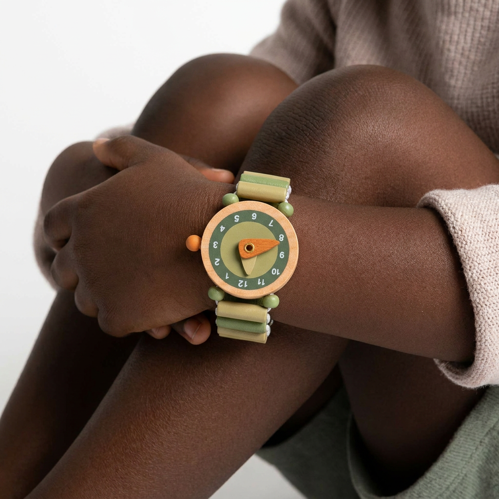 Raph wooden watch, natural wood & olive green elastic strap, dark green numbers, worn on child's wrist.