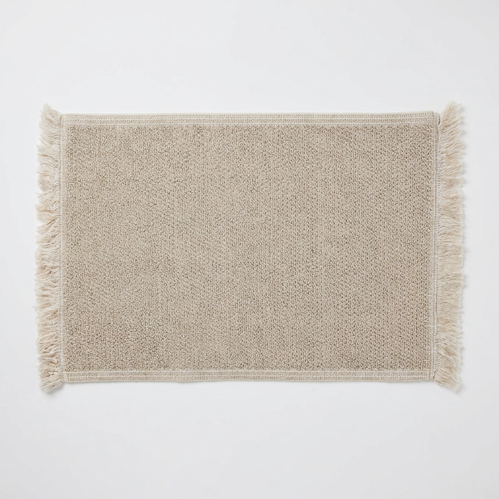 Beige textured bathmat with fringes on a white background