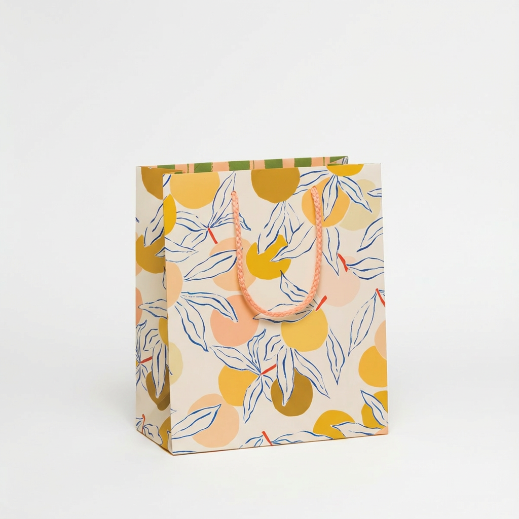 Red Cap Cards Peaches Gift Bag, yellow & peach fruit illustration with blue leaves, braided peach handles, heavyweight…