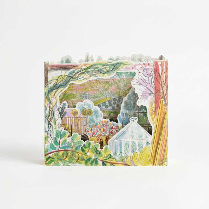 Art Angels Chickens Allotment die-cut stationery card, Emily Sutton illustration of 3D garden, hens, greenhouse, front view…