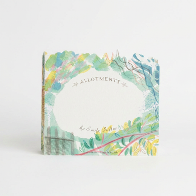 
                    
                      Allotment die-cut stationery card, illustrated by Emily Sutton with green and blue foliage, distinctive wavy top edge, front…
                    
                  