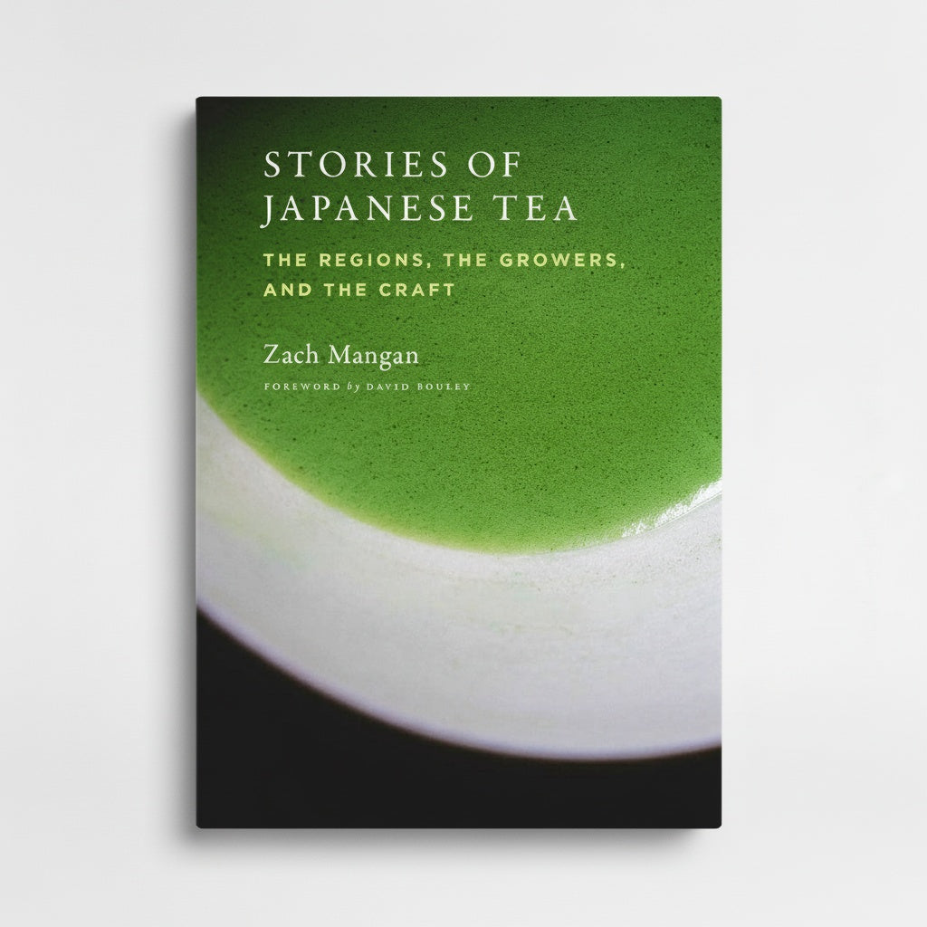 Chronicle Books Stories of Japanese Tea book, vibrant green matcha tea in white bowl cover art, front view on white.