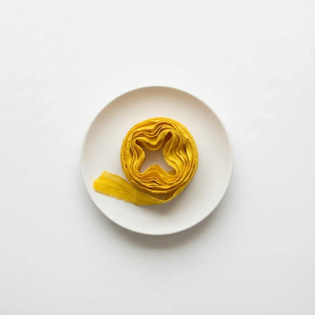 Farmette Plant-Dyed Sari Silk Ribbon - Sunflower, coiled bright sunflower yellow recycled silk on a white plate, top-down…