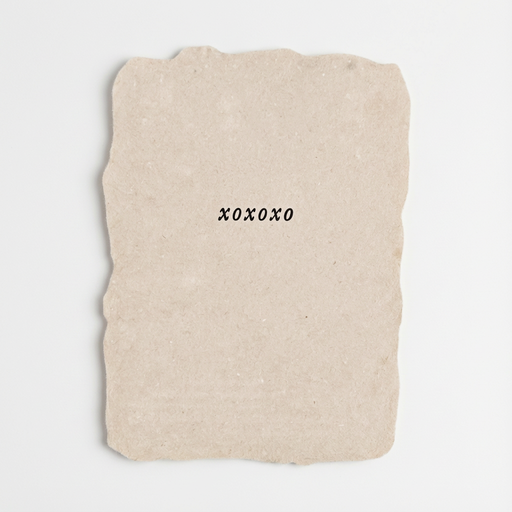 Farmette 'XOXO' Flat Note Card, light beige handmade paper with deckled edges and black letterpress text, front view on…