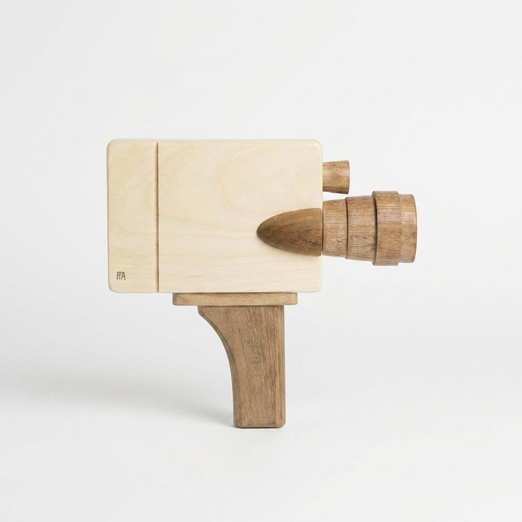 Pretend Film Camera wooden toy camera, light rubber wood body with darker sapele teak lens and handle, angled side view.
