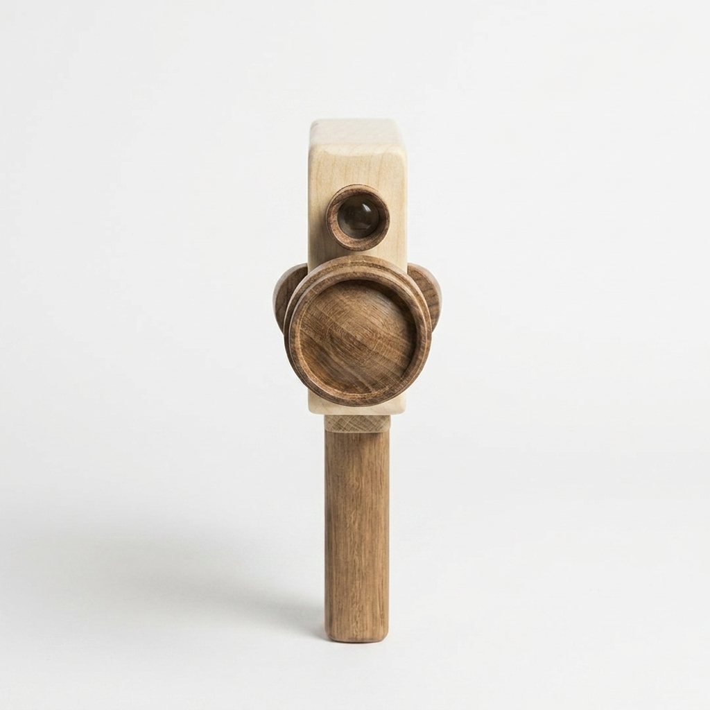 Pretend Film Camera wooden toy camera, light rubber wood body with dark sapele teak wood lens and handle, upright front view.