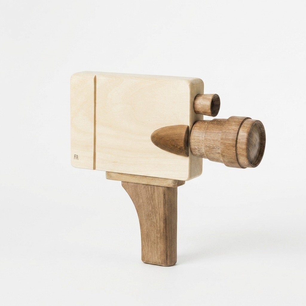 Fanny & Alexander Pretend Film Camera, wooden toy camera in light rubber and dark Sapele teak, angled front view.