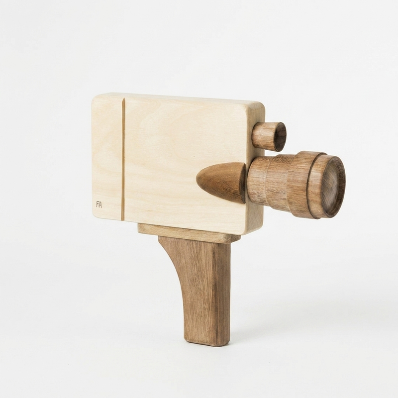 Fanny & Alexander Pretend Film Camera, wooden toy camera in light rubber and dark Sapele teak, angled front view.