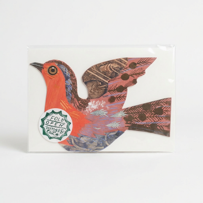 
                    
                      Flying Robin Die-Cut Card, illustrative patterns by Mark Hearld, with "FOLD OPEN wings & tail" sticker, packaged in clear…
                    
                  