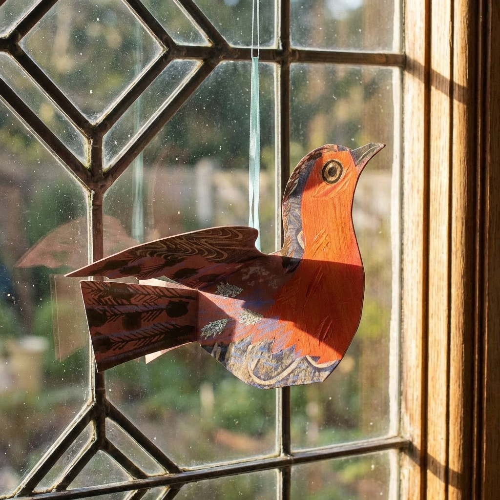 Flying Robin Die-Cut Card by Mark Hearld, red and blue illustrated cardstock, hanging by ribbon in leaded window, sunlit…