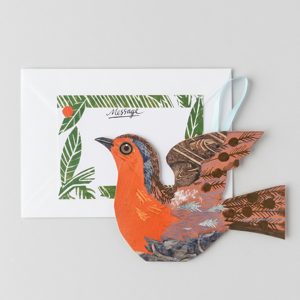 Flying Robin die-cut card, Mark Hearld's illustrated robin with orange breast, blue ribbon loop. Flat lay with envelope…