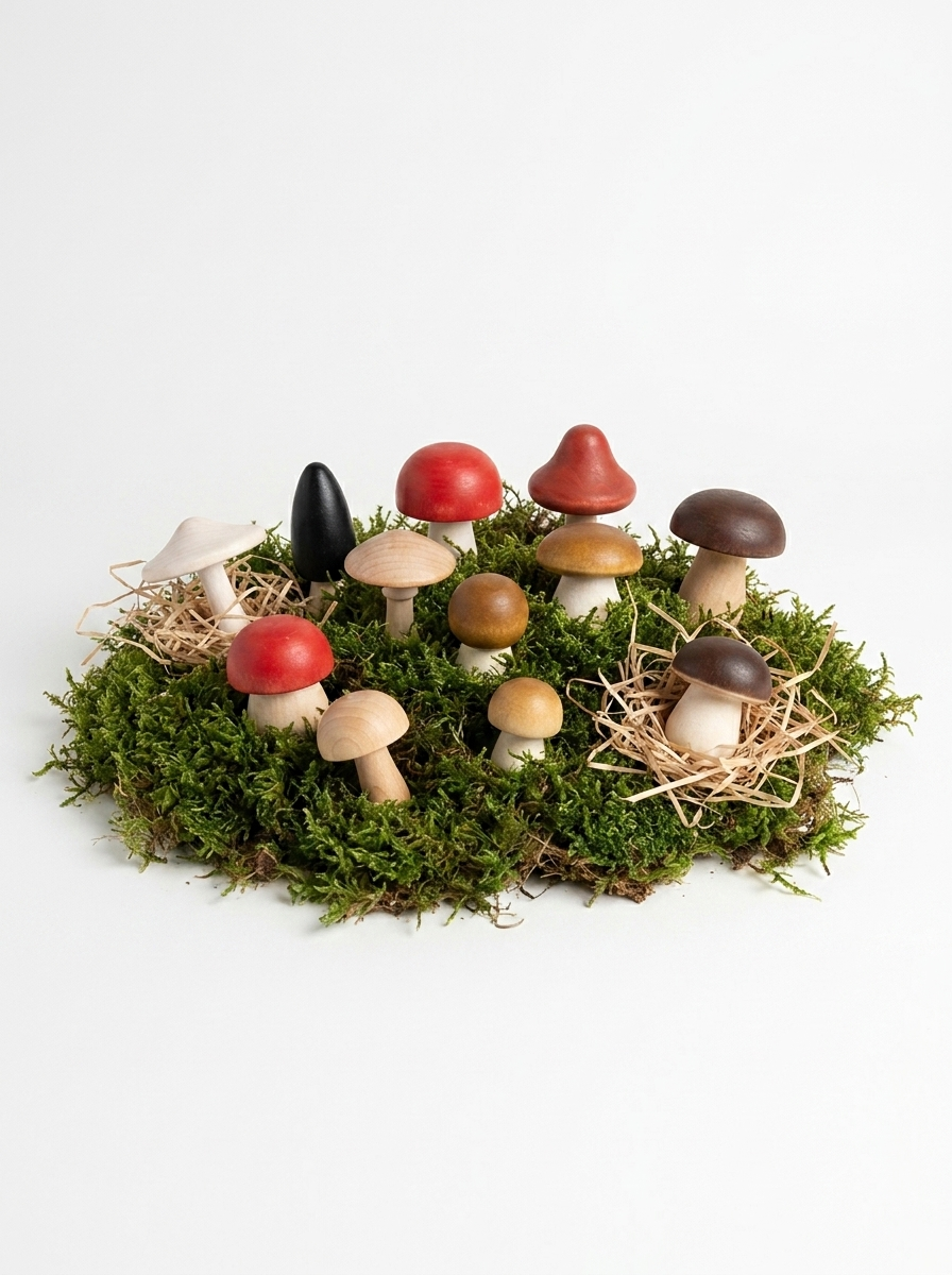 Forest Mushrooms wooden pretend play food set, solid beech wood mushrooms in natural, red, black, and brown colors, arranged…