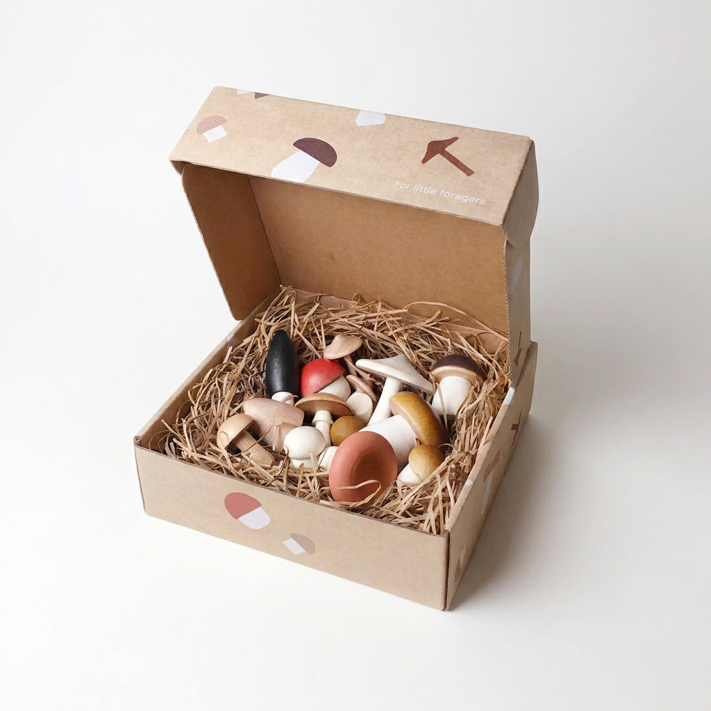 Moon Picnic Forest Mushrooms In A Box wooden play set. Assorted wood mushrooms (white, red, brown) in open kraft box with…