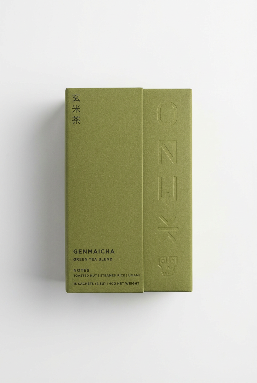 Onyx Coffee Lab Genmaicha green tea blend, olive green package with embossed branding, front view on white.
