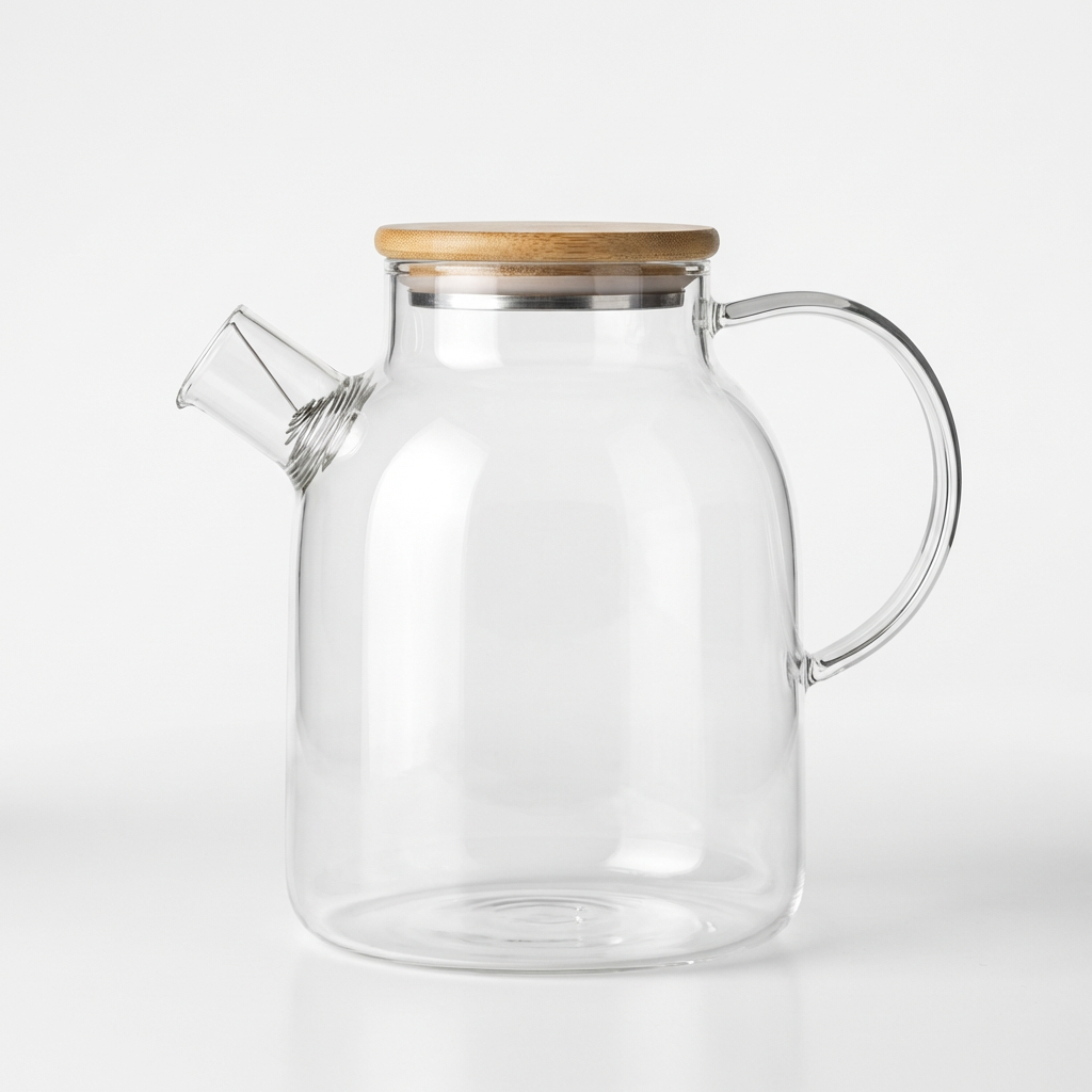 60 Oz. Heat-Resistant Glass Teapot, clear borosilicate glass body with natural bamboo lid and steel ring, front view.