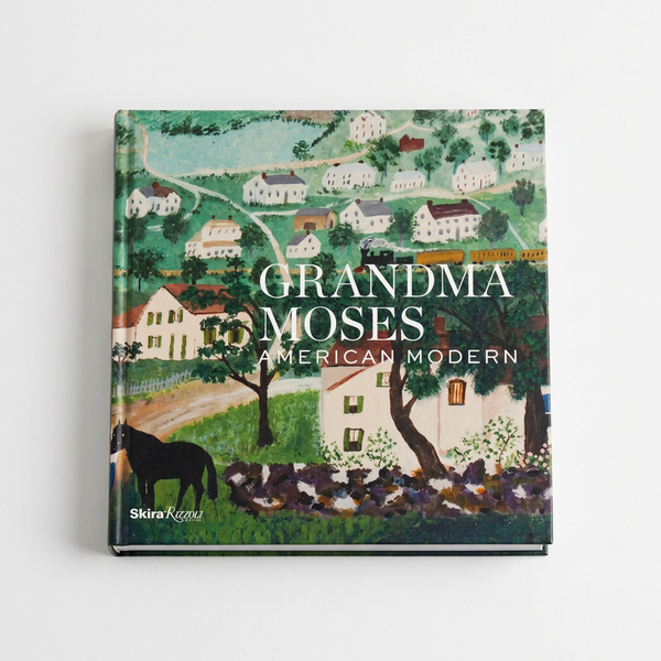 Penguin Random House Grandma Moses: American Modern book, colorful folk art painting cover, front on white