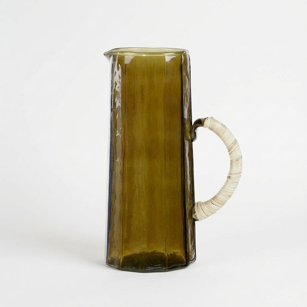 Hammered Glass Pitcher, dark olive handblown glass with textured fluting and natural wrapped handle, full side view.