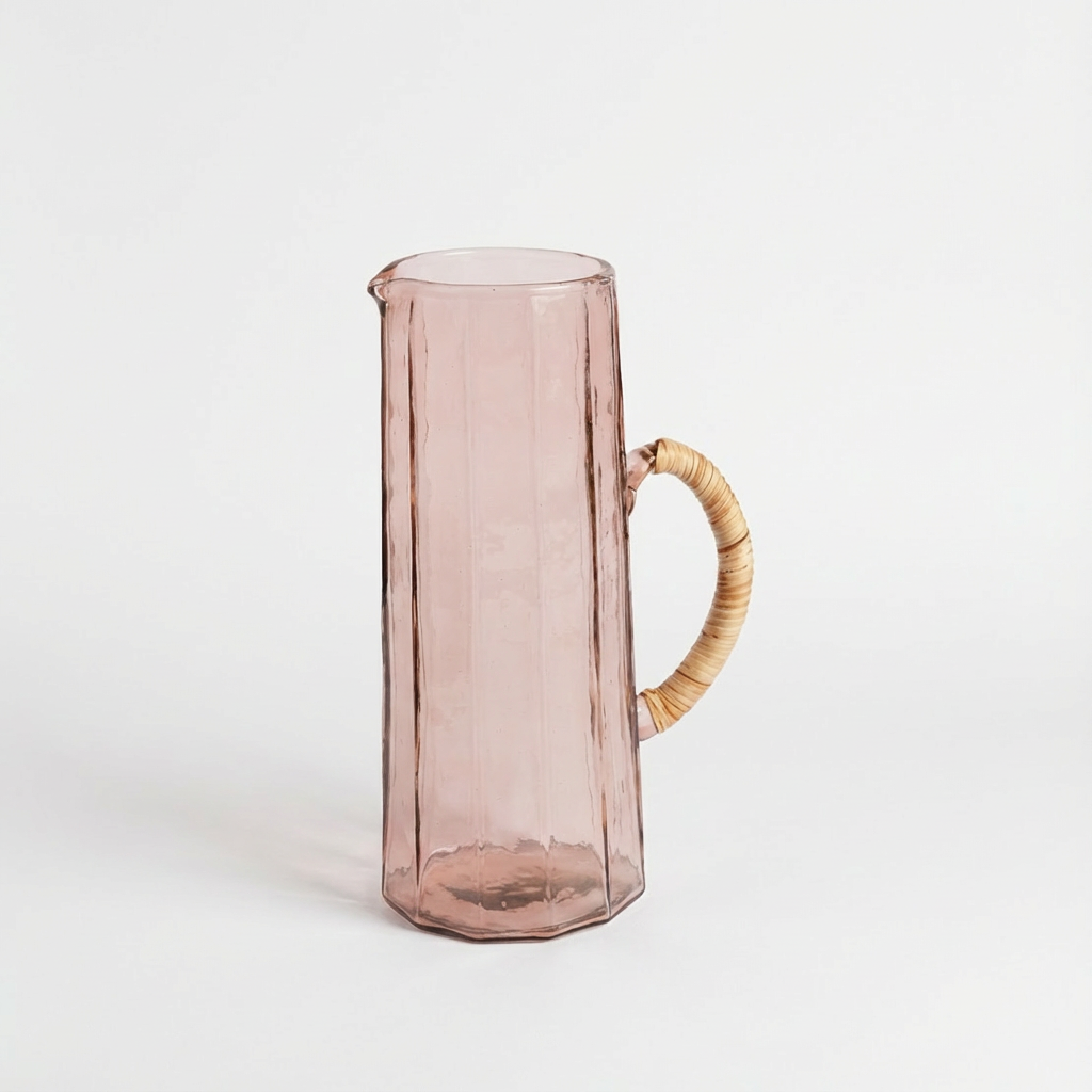 Pink handblown hammered glass pitcher, visible vertical ridges, and a natural rattan-wrapped handle.