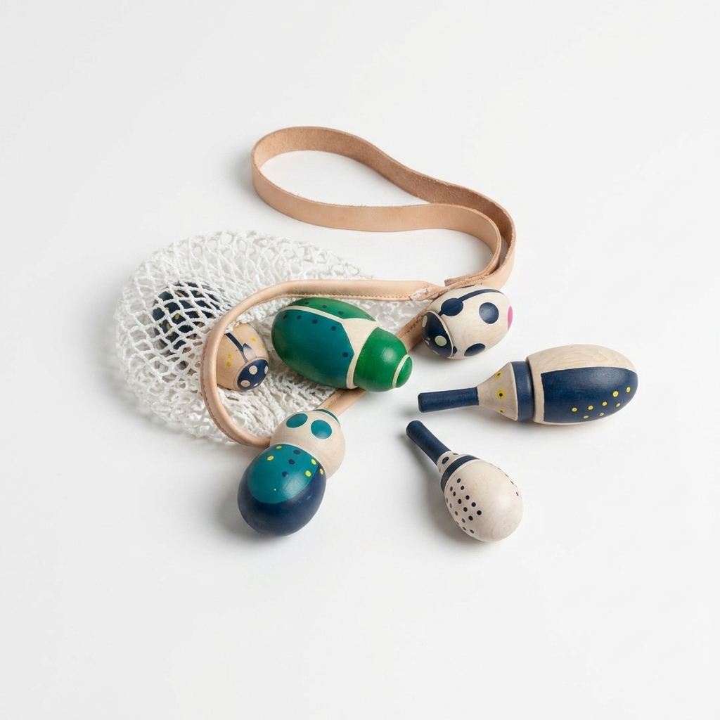 Eperfa Hillside Beetles wooden rolling beetles: natural hornbeam wood, green, and blue painted, with a white mesh net and…
