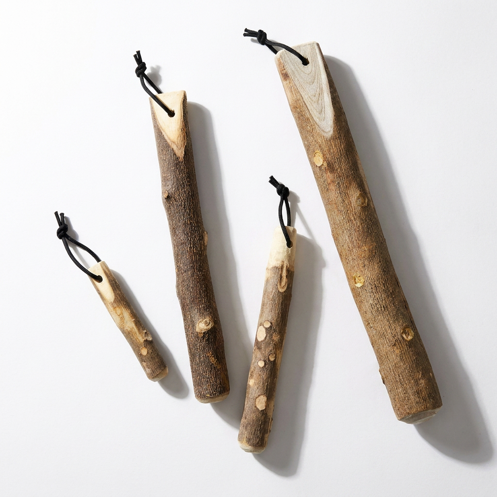 Fort & Field Japanese Prickly Ash Wood Twig Pestles (Sansho Surikogi), natural wood, set of four assorted sizes, flat lay on…