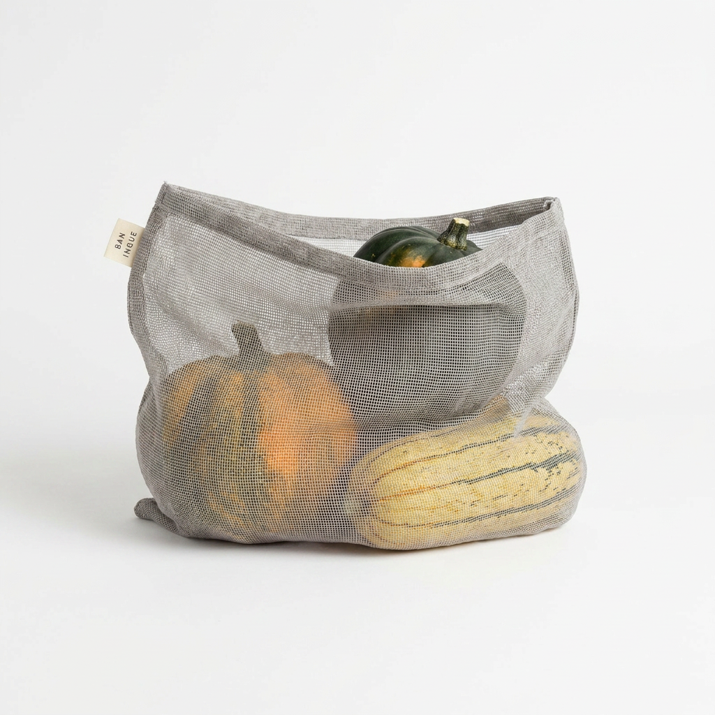 Gray cotton gauze kitchen storage bag, filled with assorted gourds, front view showcasing mesh material.