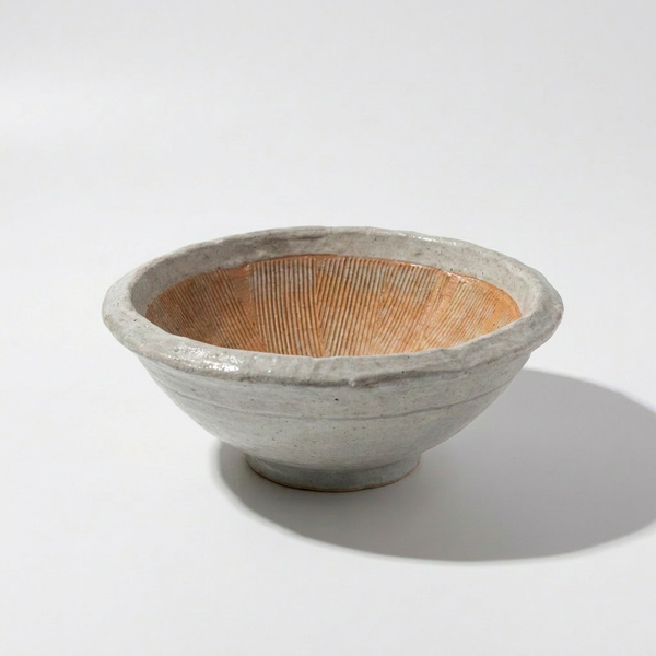 Fort & Field Rustic Japanese Ceramic Mortar, Kohiki white slip with reddish textured interior, front view on white.