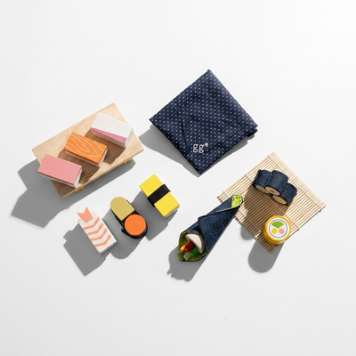 
                    
                      Sushi Party Set play food, full collection flat lay. Beechwood nigiri & shrimp, denim fabric sushi rolls & handroll, bamboo…
                    
                  