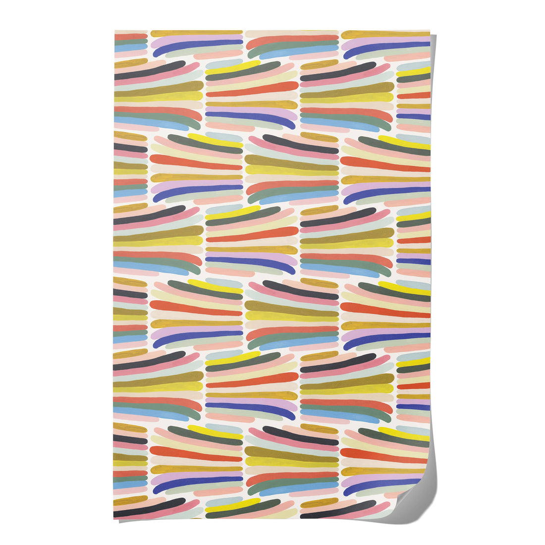 Rainbow Stripes wrapping paper by Kate Pugsley, muted multicolor hand-drawn stripes pattern on a full sheet of recycled…