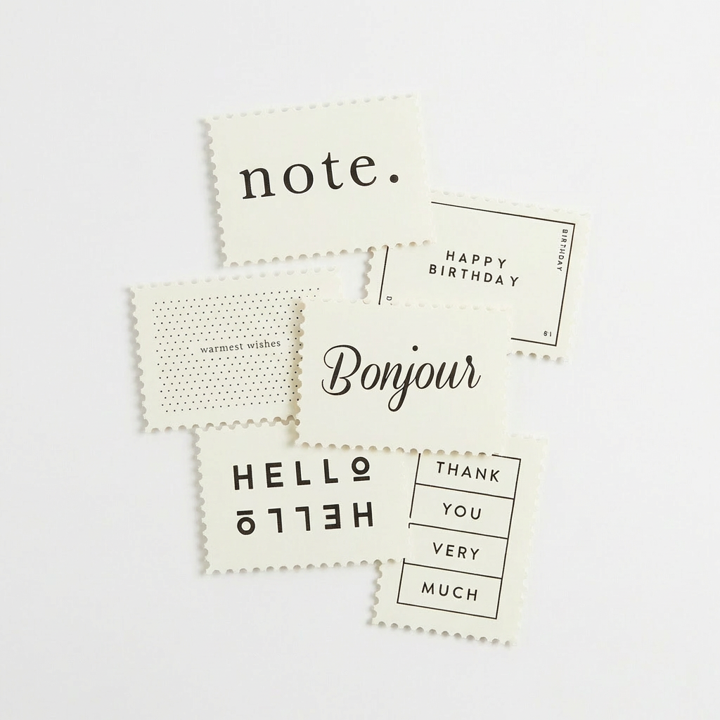 Katie Leamon Assorted Notecards, set of 6 ivory cardstock with black text, stamp-edge design, scattered flat lay showing all…