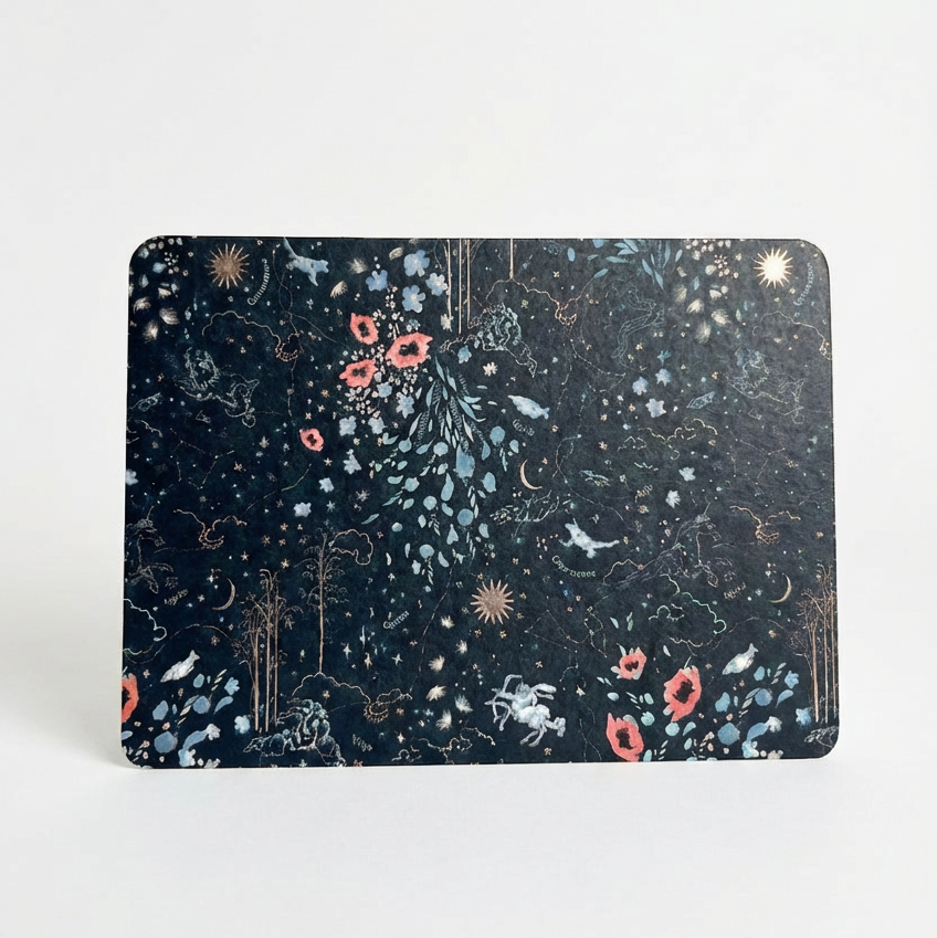 Card featuring floral and celestial design on a white background