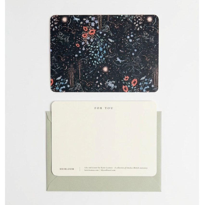 Zodiac Notecards set: dark celestial pattern card with zodiac constellations and colorful flowers, plus ivory 'FOR YOU' card…