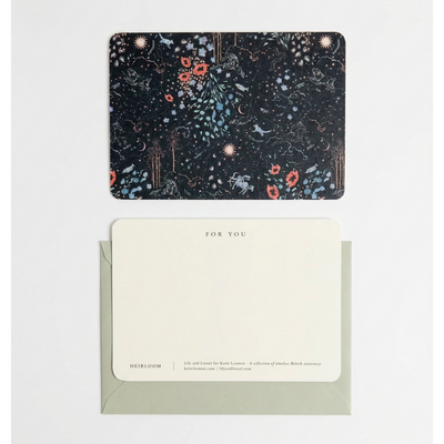 
                    
                      Zodiac Notecards set: dark celestial pattern card with zodiac constellations and colorful flowers, plus ivory 'FOR YOU' card…
                    
                  