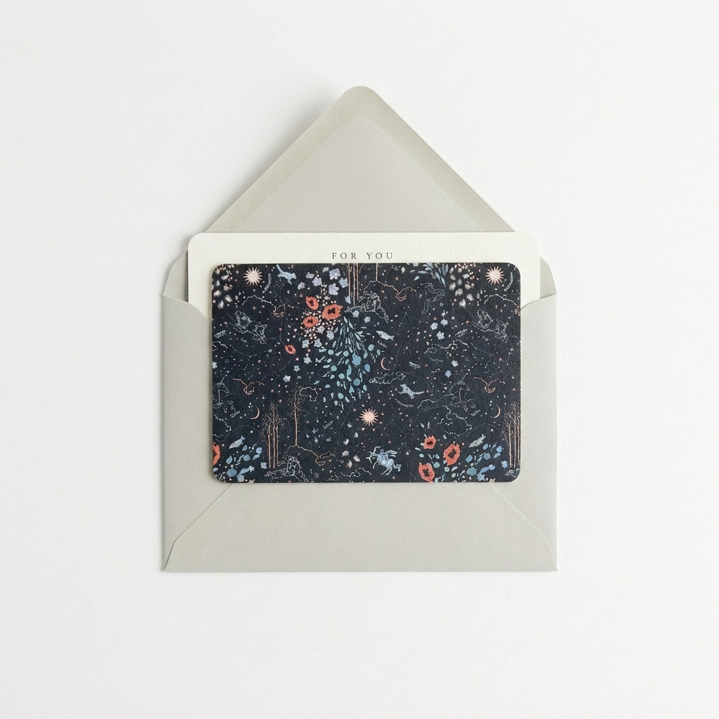 Zodiac Notecards, dark blue celestial and floral pattern, partially inserted in a light grey envelope, showing 'FOR YOU'…