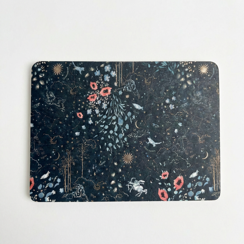 Katie Leamon Zodiac Notecards, dark blue celestial pattern with gold foil accents and floral details, single notecard flat…