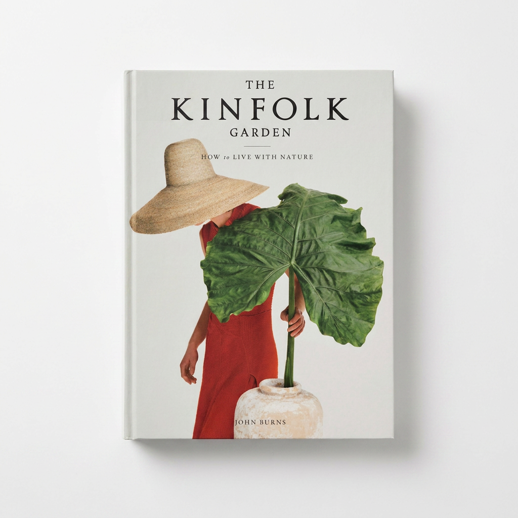 Hachette Book Group, The Kinfolk Garden hardcover book, cover showing person in straw hat, red dress, holding large green…
