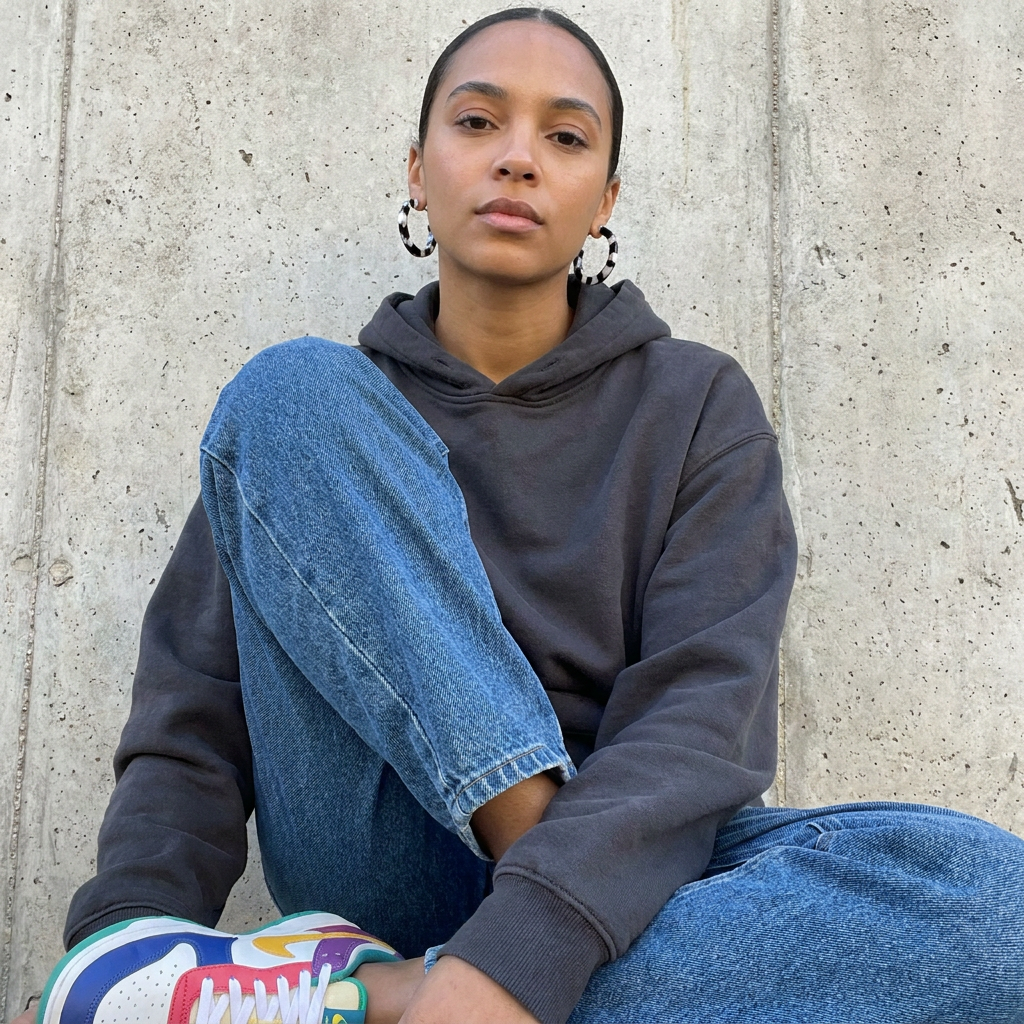 Sol hoop earrings, black and white tortoise acetate, worn on ears against concrete background.