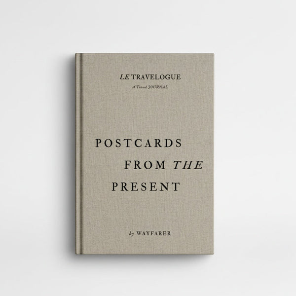 Wayfarer Postcards from the Present travel journal, premium beige linen cover, front on white.
