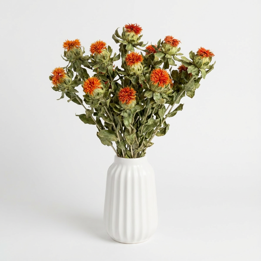 Lovejoy Farms Safflower Orange dried flowers, vibrant orange blossoms and green stems in a white fluted vase, front view.
