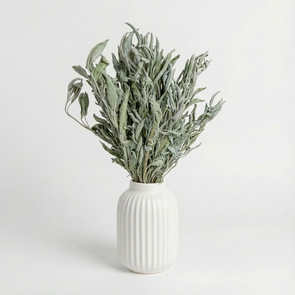 Lovejoy Farms Sage Gray-Green dried filler bouquet in a white fluted vase, front view on white.