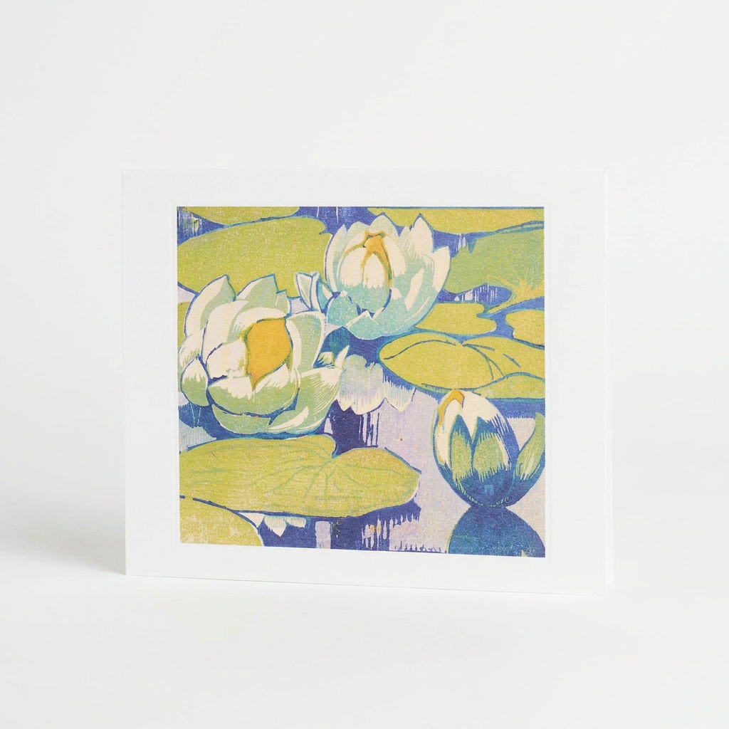 Art Angels Water Lilies greeting card, Mabel Royds illustration of blue, green, yellow, white water lilies on a pond,…