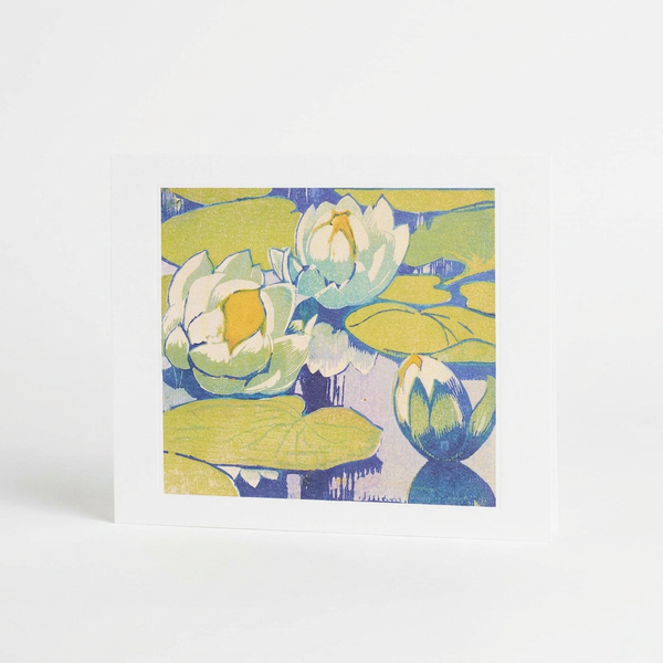 Art Angels Water Lilies greeting card, Mabel Royds illustration of blue, green, yellow, white water lilies on a pond,…