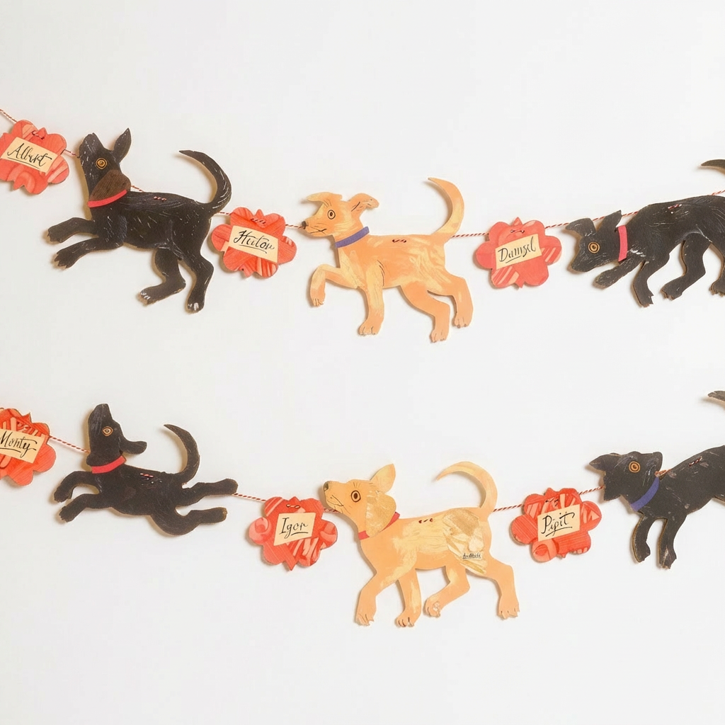 Decorative garland with illustrations of dogs and name tags on a white background