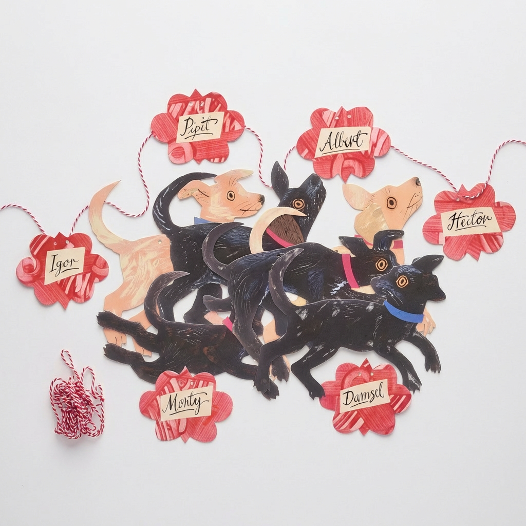 Puppy Parade Garland, Mark Hearld illustrated paper cutouts of black and tan dogs, red flower name tags, flat lay detail.
