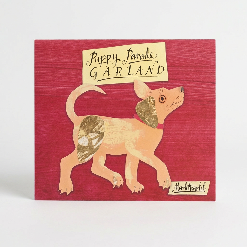Puppy Parade Garland stationery packaging by Mark Hearld, red paper with puppy illustration and gold foil details, front…