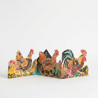 
                    
                      Art Angels Three Fold Chickens die-cut card, Mark Hearld illustrated, colorful hens, rooster, and chicks, expanded front…
                    
                  