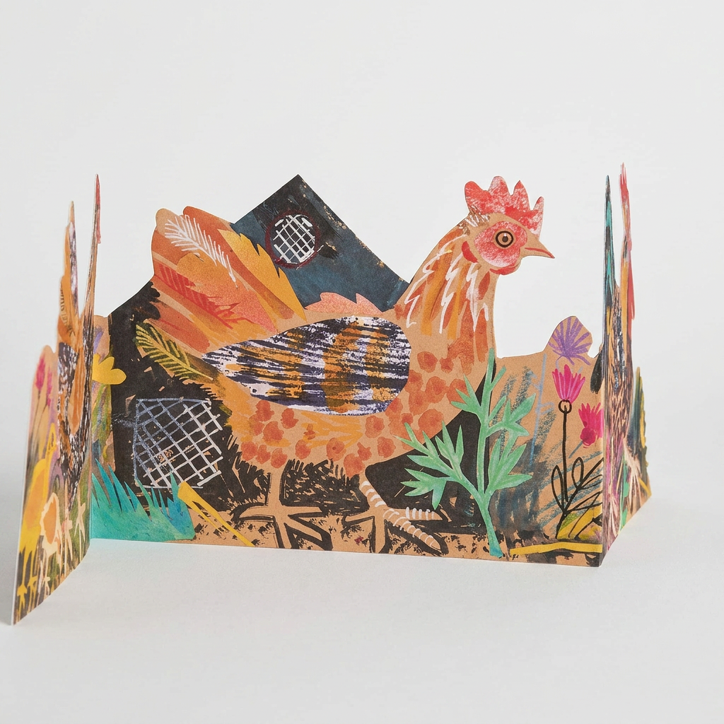 Three Fold Chickens die-cut card, colorful illustration of a chicken in a garden, premium cardstock, standing partially…
