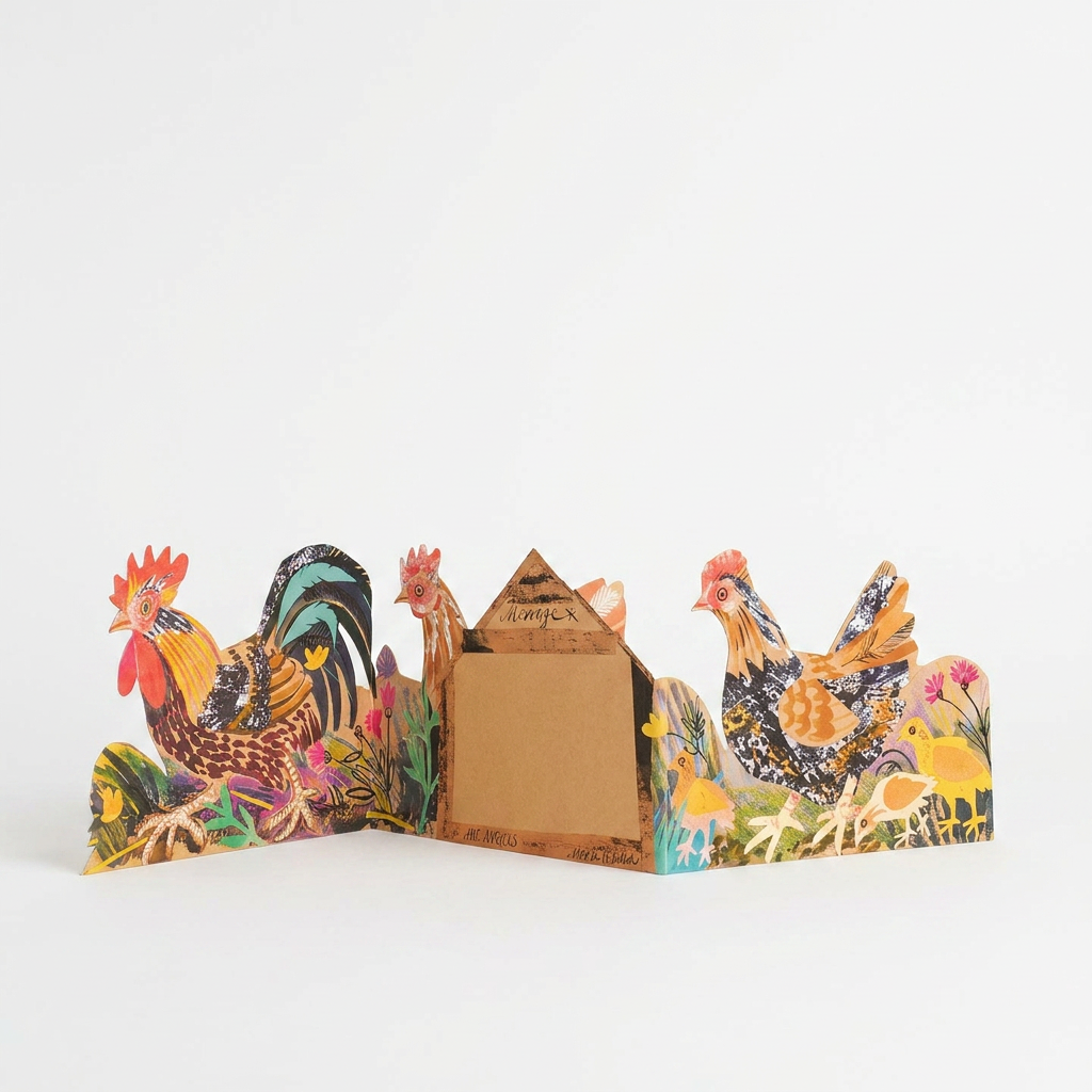 Three Fold Chickens Die-Cut Card, Mark Hearld illustration, folded to show back brown cardstock and Art Angels branding.