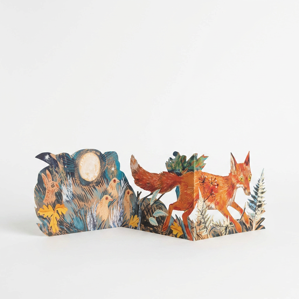 Woodland-themed paper card with fox design on a white background