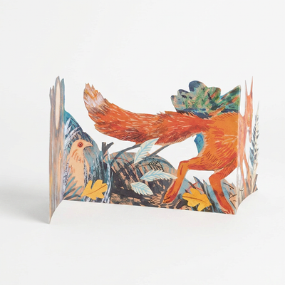 
                    
                      Three Fold Fox Die-Cut Card, Mark Hearld woodland illustration, folded cardstock standing, side view of fox mid-jump.
                    
                  