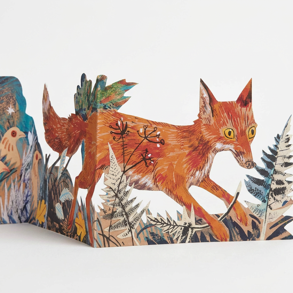Three Fold Fox die-cut stationery card, detailed illustration of an orange fox amidst green-blue forest plants, standing…